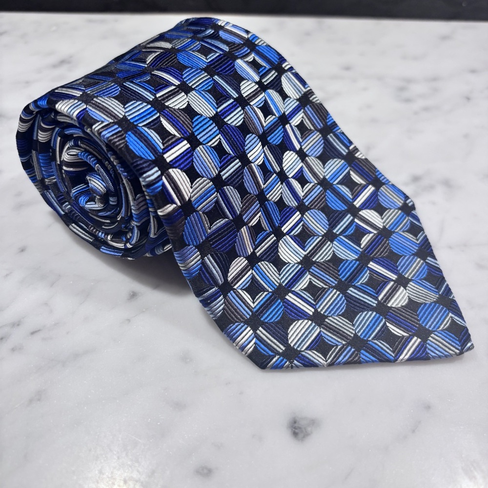 Duchamp Blue and Black and White Geometric Tie